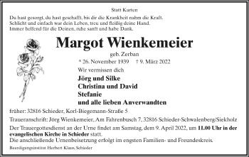 Anzeige  Margot Wienkemeier  Lippische Landes-Zeitung