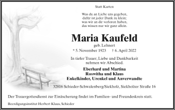 Anzeige  Maria Kaufeld  Lippische Landes-Zeitung