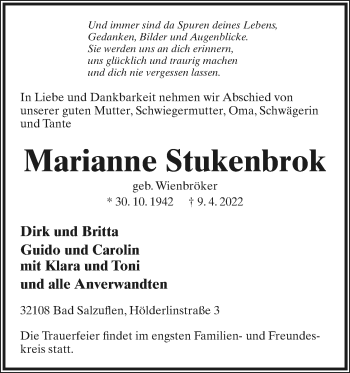 Anzeige  Marianne Stukenbrok  Lippische Landes-Zeitung