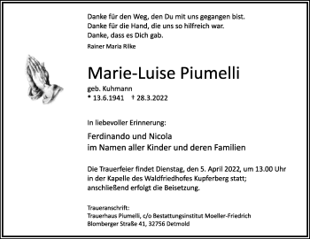 Anzeige  Marie-Luise Piumelli  Lippische Landes-Zeitung