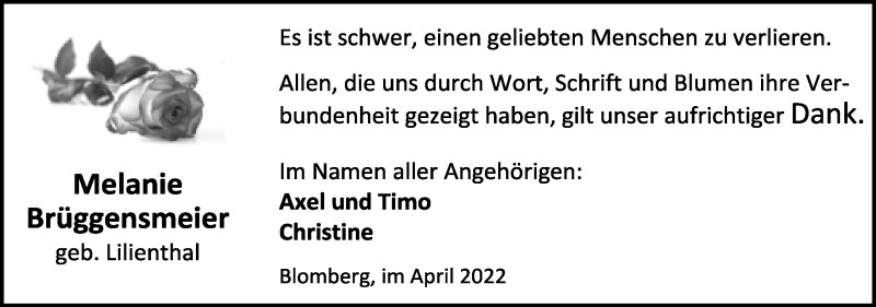  Traueranzeige für Melanie Brüggensmeier vom 23.04.2022 aus Lippische Landes-Zeitung