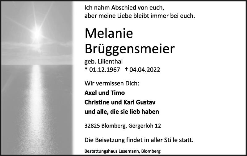  Traueranzeige für Melanie Brüggensmeier vom 09.04.2022 aus Lippische Landes-Zeitung