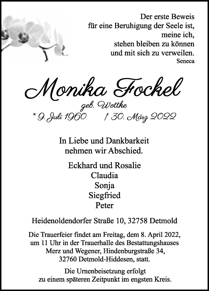  Traueranzeige für Monika Fockel vom 02.04.2022 aus Lippische Landes-Zeitung