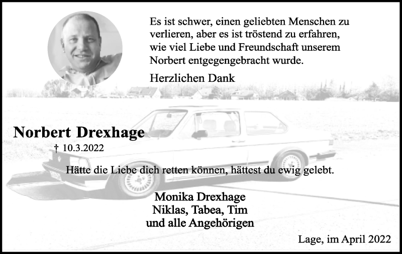  Traueranzeige für Norbert Drexhage vom 23.04.2022 aus Lippische Landes-Zeitung
