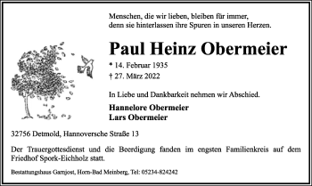 Anzeige  Paul Heinz Obermeier  Lippische Landes-Zeitung