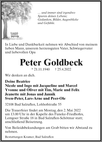 Anzeige  Peter Goldbeck  Lippische Landes-Zeitung