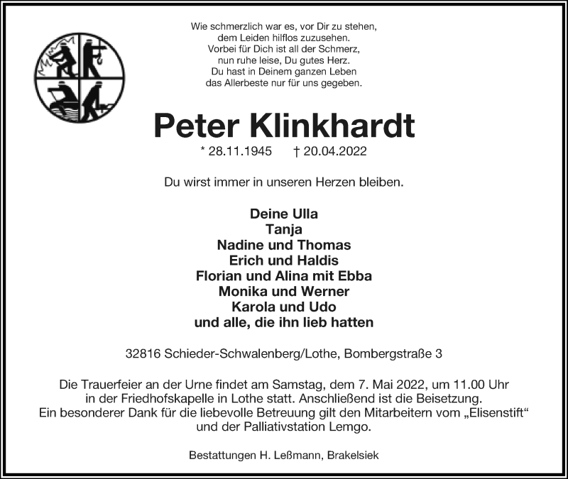  Traueranzeige für Peter Klinkhardt vom 30.04.2022 aus Lippische Landes-Zeitung