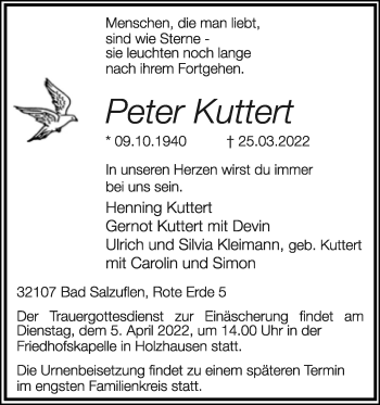 Anzeige  Peter Kuttert  Lippische Landes-Zeitung