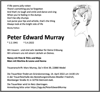 Anzeige  Peter Edward Murray  Lippische Landes-Zeitung