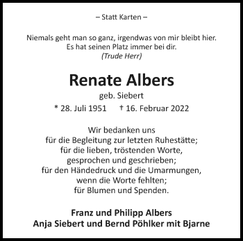 Anzeige  Renate Albers  Lippische Landes-Zeitung