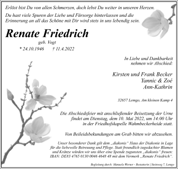 Anzeige  Renate Friedrich  Lippische Landes-Zeitung