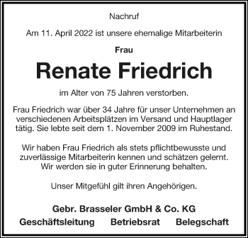 Anzeige  Renate Friedrich  Lippische Landes-Zeitung