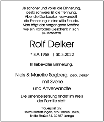 Anzeige  Rolf Delker  Lippische Landes-Zeitung