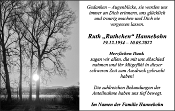 Anzeige  Ruth  Hannebohn  Lippische Landes-Zeitung