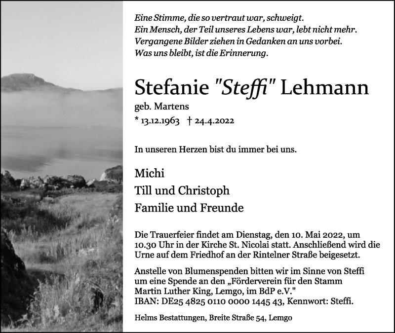 Traueranzeige für Stefanie Lehmann vom 30.04.2022 aus Lippische Landes-Zeitung