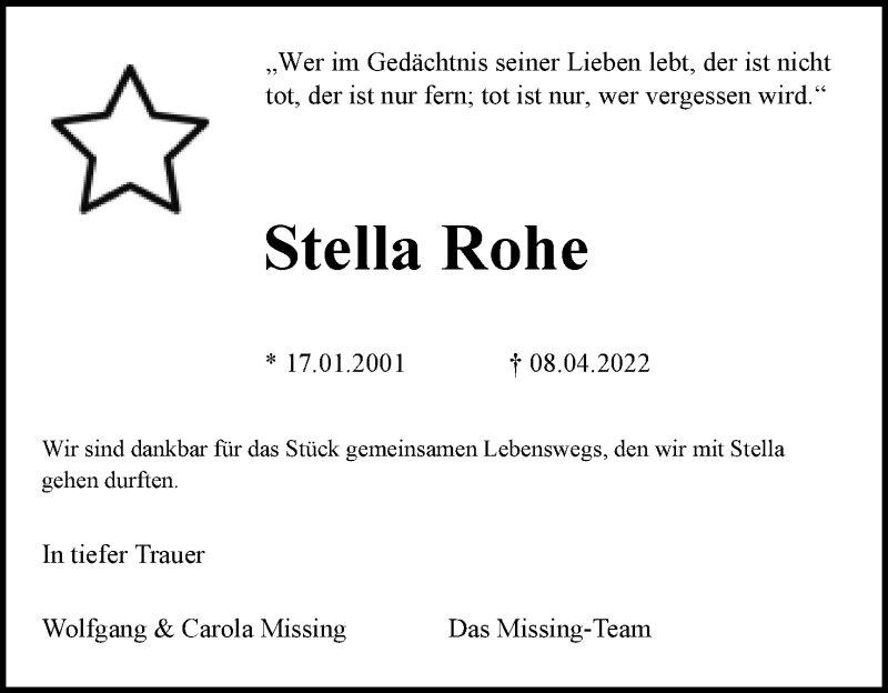  Traueranzeige für Stella Rohe vom 15.04.2022 aus Lippische Landes-Zeitung