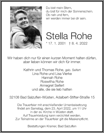 Anzeige  Stella Rohe  Lippische Landes-Zeitung