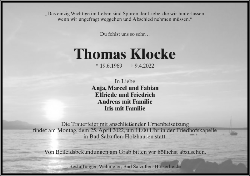  Traueranzeige für Thomas Klocke vom 15.04.2022 aus Lippische Landes-Zeitung