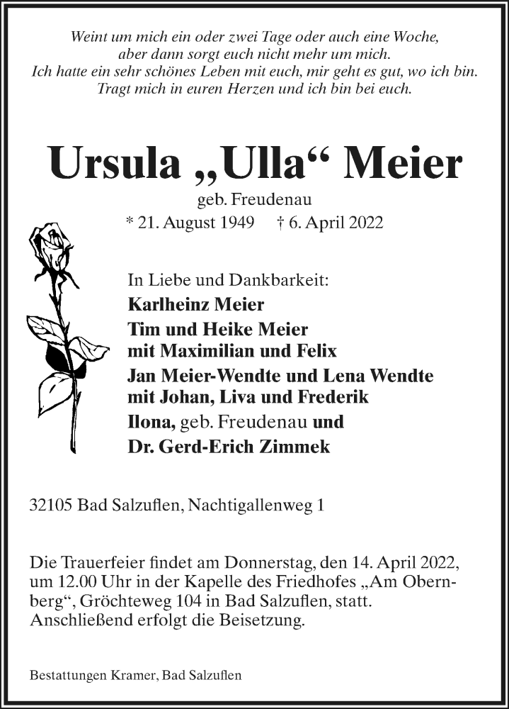  Traueranzeige für Ursula  Meier vom 09.04.2022 aus Lippische Landes-Zeitung