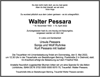 Anzeige  Walter Pessara  Lippische Landes-Zeitung