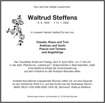Anzeige  Waltrud Steffens  Lippische Landes-Zeitung