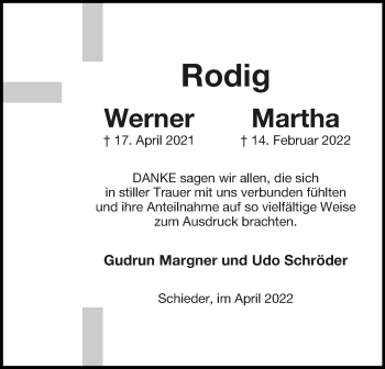 Anzeige  Werner und Martha Rodig  Lippische Landes-Zeitung