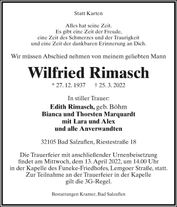 Anzeige  Wilfried Rimasch  Lippische Landes-Zeitung