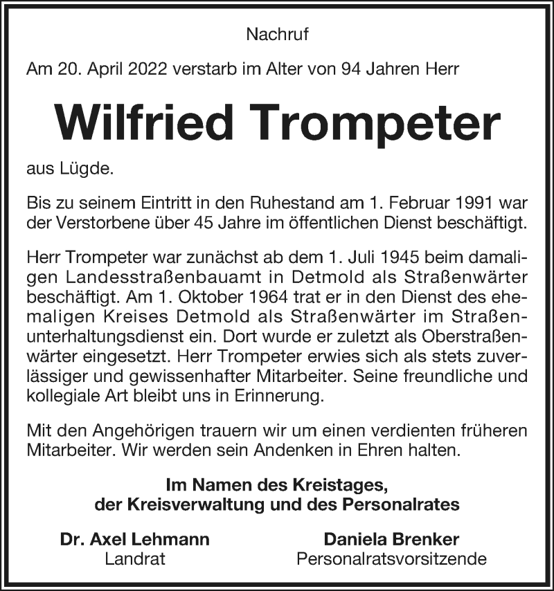  Traueranzeige für Wilfried Trompeter vom 30.04.2022 aus Lippische Landes-Zeitung