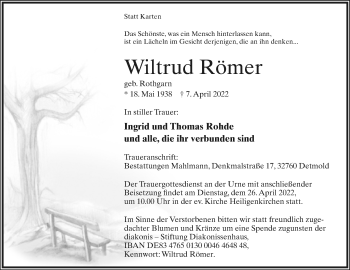 Anzeige  Wiltrud Römer  Lippische Landes-Zeitung