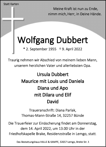 Anzeige  Wolfgang Dubbert  Lippische Landes-Zeitung