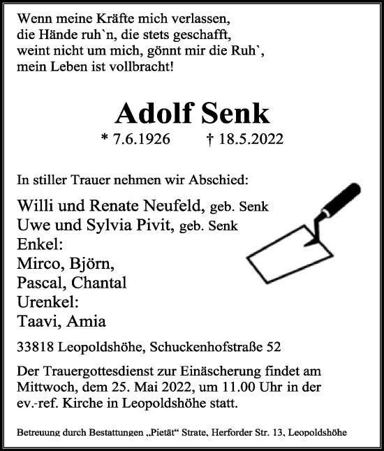 Anzeige  Adolf Senk  Lippische Landes-Zeitung