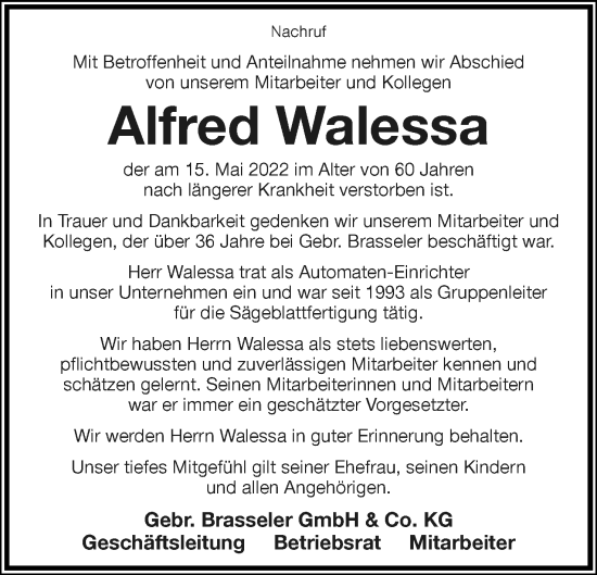 Anzeige  Alfred Walessa  Lippische Landes-Zeitung