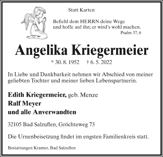 Anzeige  Angelika Kriegermeier  Lippische Landes-Zeitung