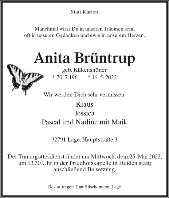 Anzeige  Anita Brüntrup  Lippische Landes-Zeitung
