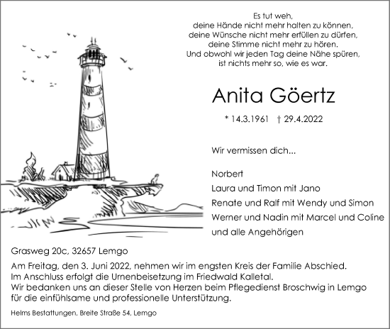 Anzeige  Anita Göertz  Lippische Landes-Zeitung