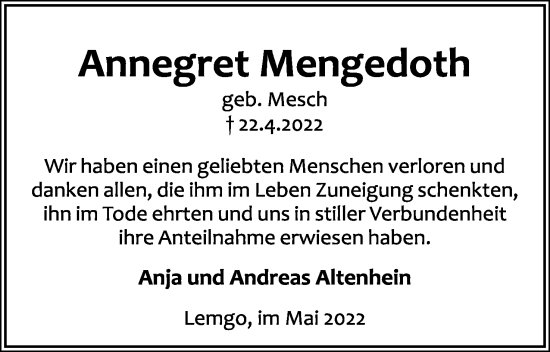 Anzeige  Annegret Mengedoth  Lippische Landes-Zeitung