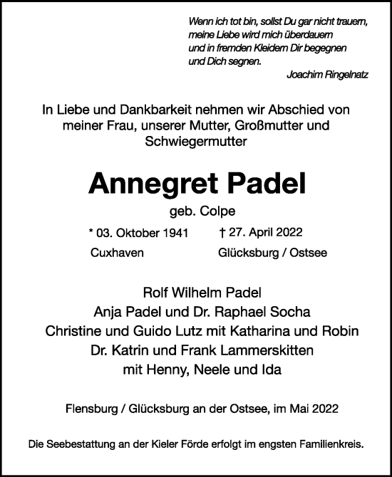 Anzeige  Annegret Padel  Lippische Landes-Zeitung