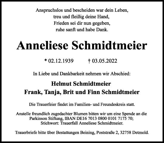 Anzeige  Anneliese Schmidtmeier  Lippische Landes-Zeitung
