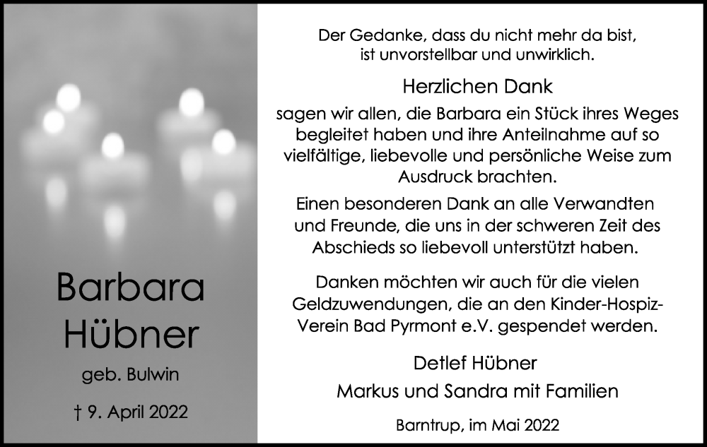  Traueranzeige für Barbara Hübner vom 14.05.2022 aus Lippische Landes-Zeitung
