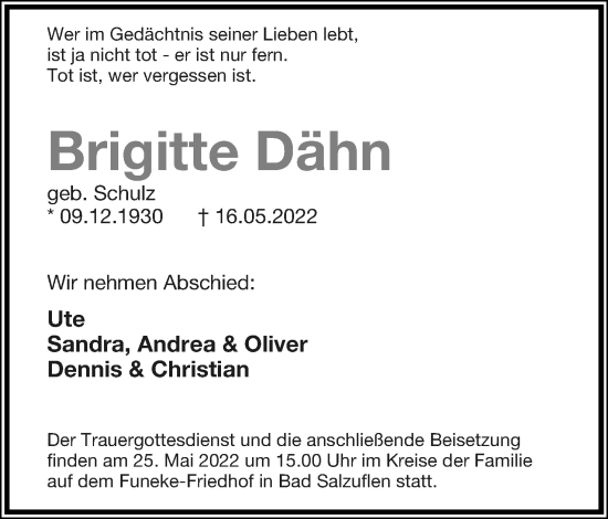 Anzeige  Brigitte Dähn  Lippische Landes-Zeitung