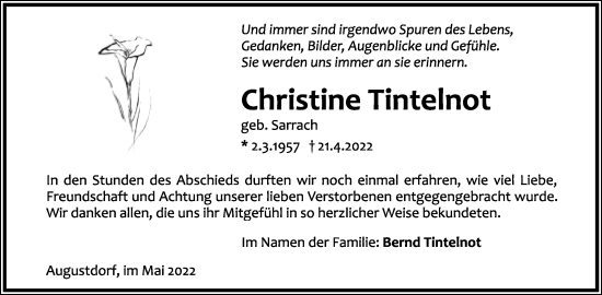 Anzeige  Christine Tintelnot  Lippische Landes-Zeitung