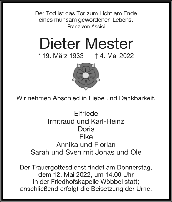 Anzeige  Dieter Mester  Lippische Landes-Zeitung