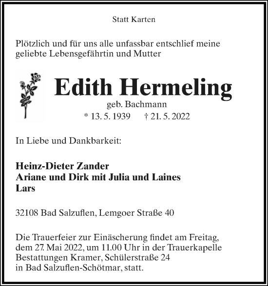 Anzeige  Edith Hermeling  Lippische Landes-Zeitung