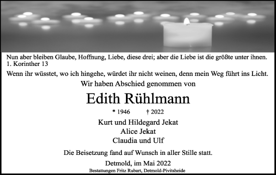 Anzeige  Edith Rühlmann  Lippische Landes-Zeitung