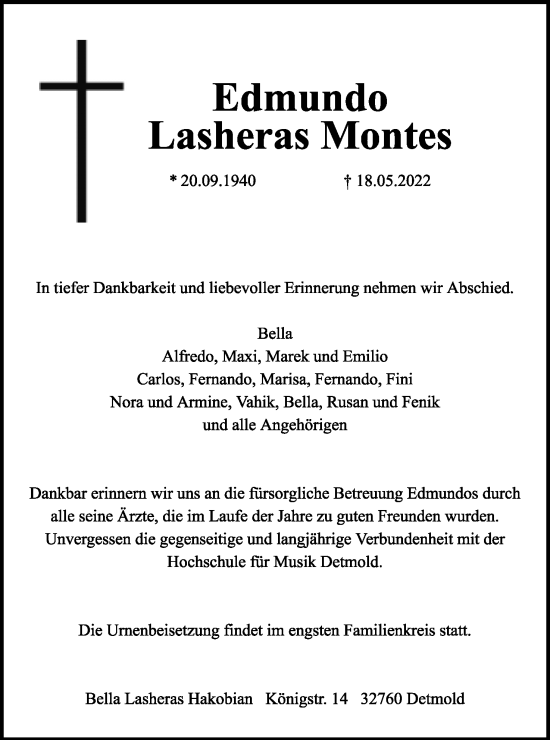 Anzeige  Edmundo Lasheras Montes  Lippische Landes-Zeitung