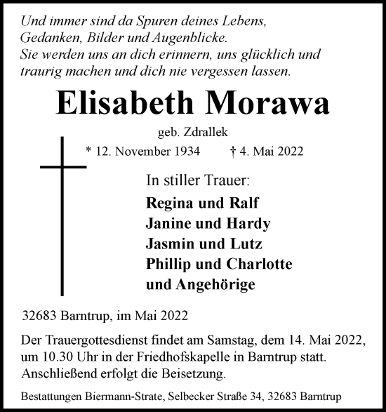 Anzeige  Elisabeth Morawa  Lippische Landes-Zeitung