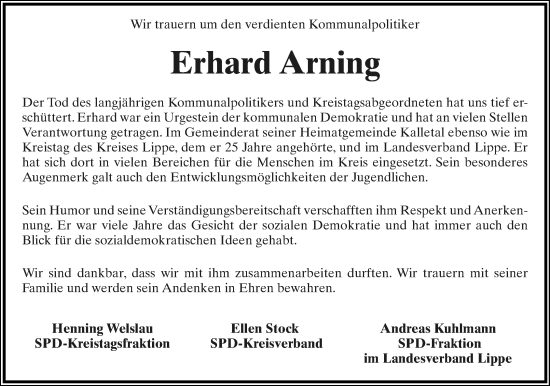 Anzeige  Erhard Arning  Lippische Landes-Zeitung