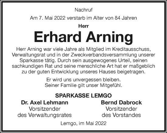 Anzeige  Erhard Arning  Lippische Landes-Zeitung