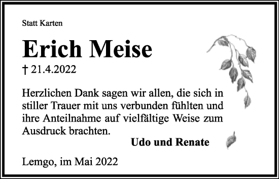 Anzeige  Erich Meise  Lippische Landes-Zeitung