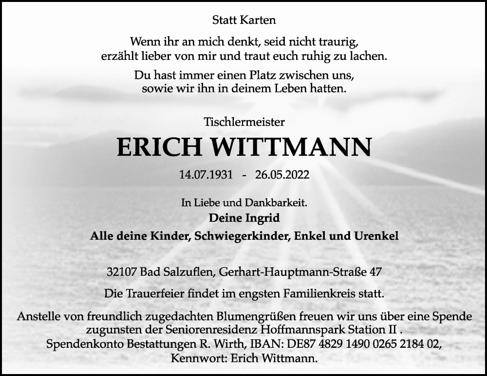  Traueranzeige für Erich Wittmann vom 28.05.2022 aus Lippische Landes-Zeitung